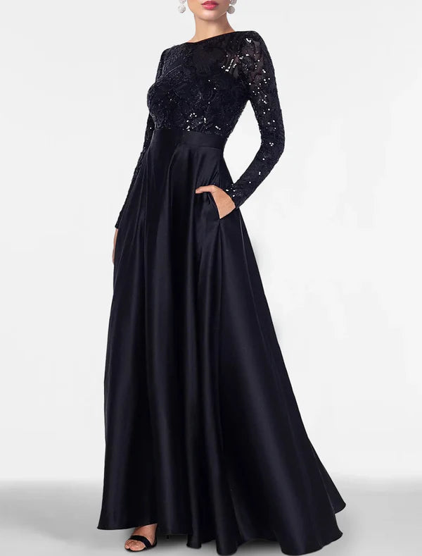 Luolandi A-Line Evening Gown Elegant Black Dress Plus Size Formal Sequin Satin Dress Black Tie Floor Length Long Sleeve Off Shoulder Fall Wedding Guest with Slit Pocket Sparkly